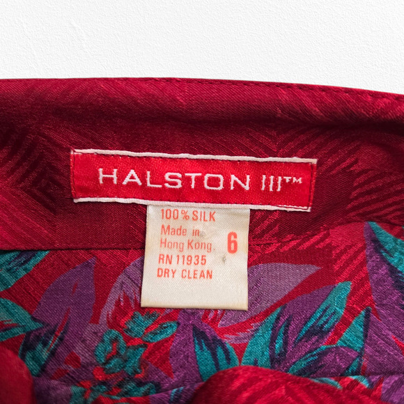 Vintage 80s Halston III Silk Floral Plaid Dress Red Pink Teal Belted Midi Size 4 - Picture 13 of 16
